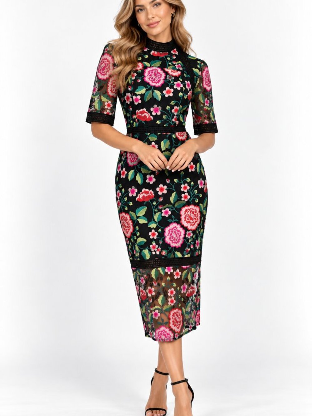 VONE Anthropologie Floral Embroidered Midi Dress Black Sz 6